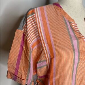 Dolan Anthropologie Orange Multi Stripe Split Neck Short Sleeve Pullover Top